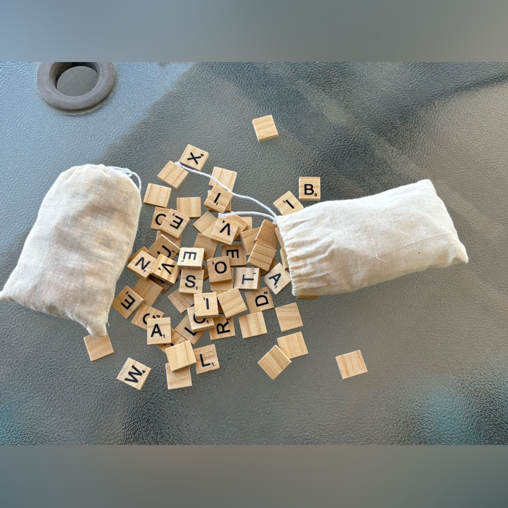 Wooden Alphabet Tiles with Pouches. NWOT